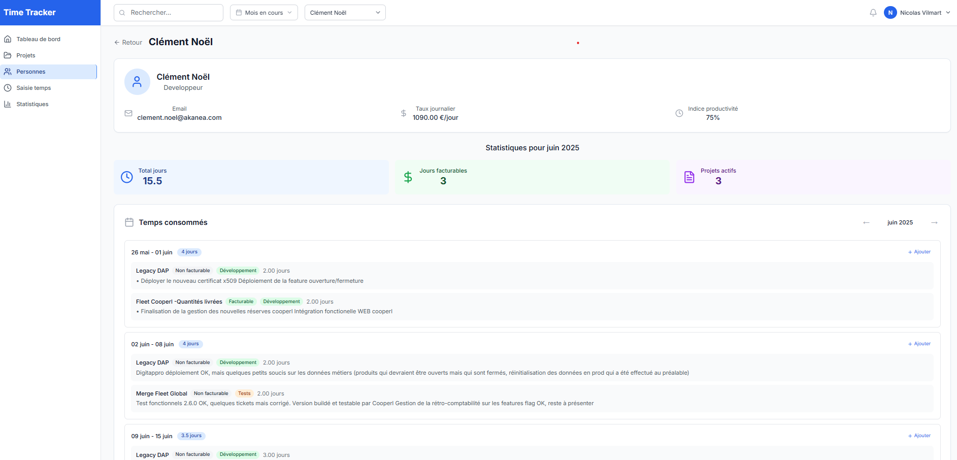 Time Tracker — Détail d'un membre d'équipe